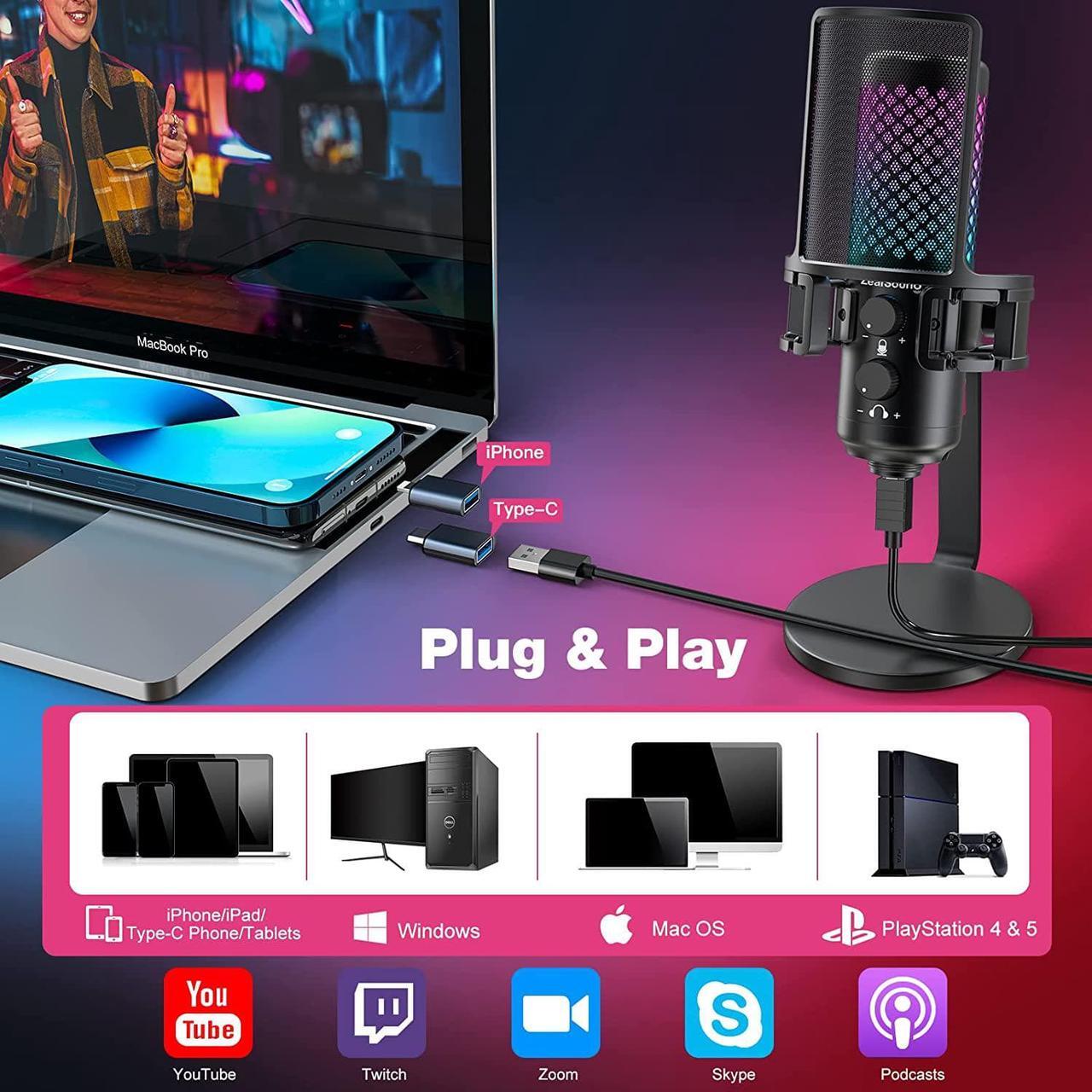 Alt view image 2 of 7 - ZealSound USB Microphone for iPhone iPad Phone PC,RGB Gaming Microphone with Full Metal,Mute,Pop Filter,Gain for Podcasting,Streaming,YouTube,Voice Over