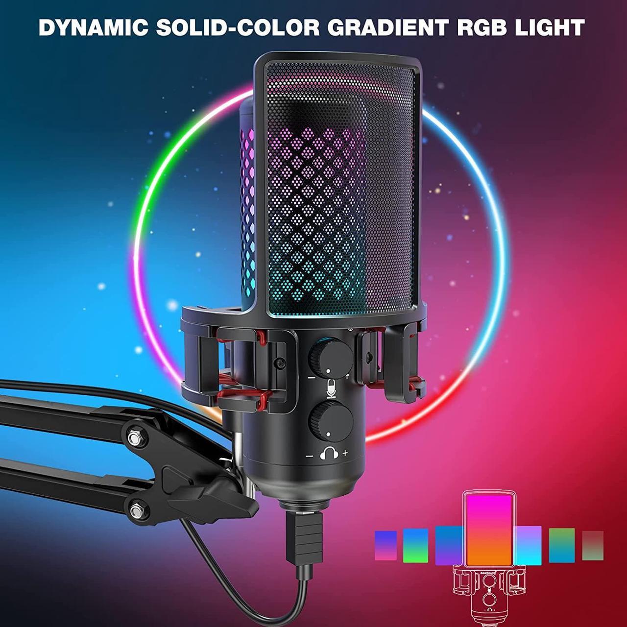 Alt view image 6 of 7 - ZealSound USB Microphone for iPhone iPad Phone PC,RGB Gaming Microphone with Full Metal,Mute,Pop Filter,Gain for Podcasting,Streaming,YouTube,Voice Over
