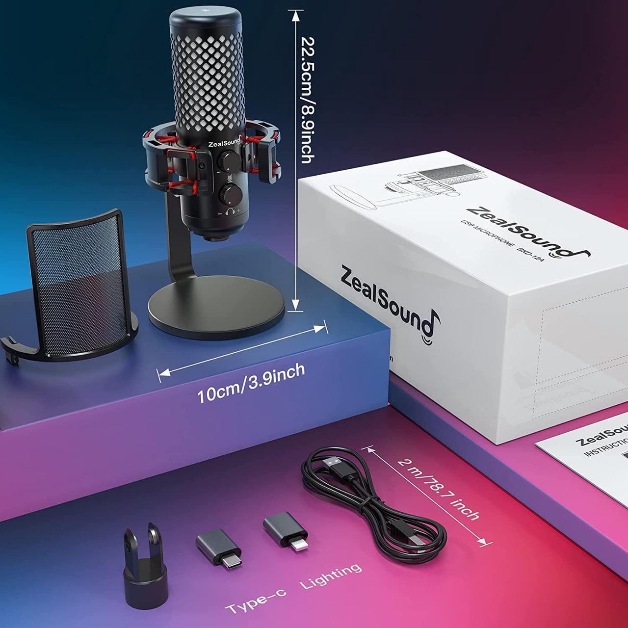 Alt view image 7 of 7 - ZealSound USB Microphone for iPhone iPad Phone PC,RGB Gaming Microphone with Full Metal,Mute,Pop Filter,Gain for Podcasting,Streaming,YouTube,Voice Over