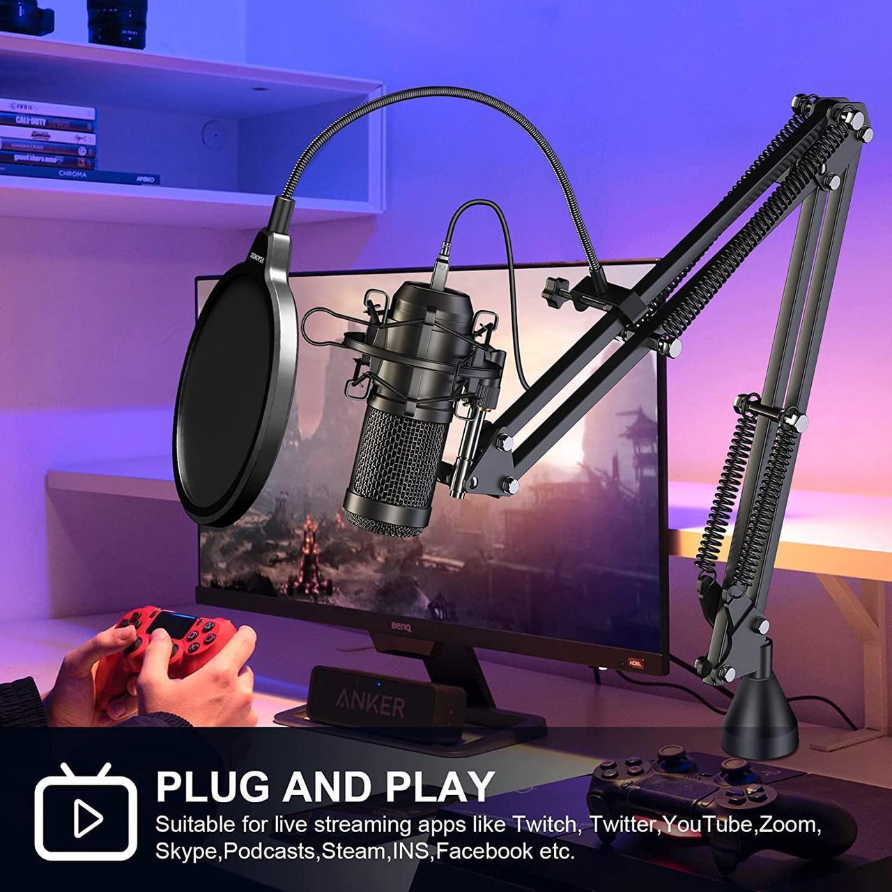 Alt view image 2 of 7 - USB Condenser Microphone,192kHZ/24bit Professional PC Streaming Podcast Cardioid Microphone Kit with Boom Arm,Shock Mount,Pop Filter,for Recording,Gaming,YouTube,Meeting,Discord