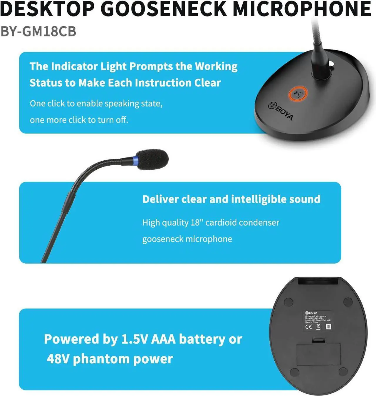 Alt view image 5 of 7 - Desktop Gooseneck Condenser Microphone 18" Podium Microphones with Base LED Indicator XLR Mic for Meetings Video Conferences Streaming Lectures BY-GM18CB