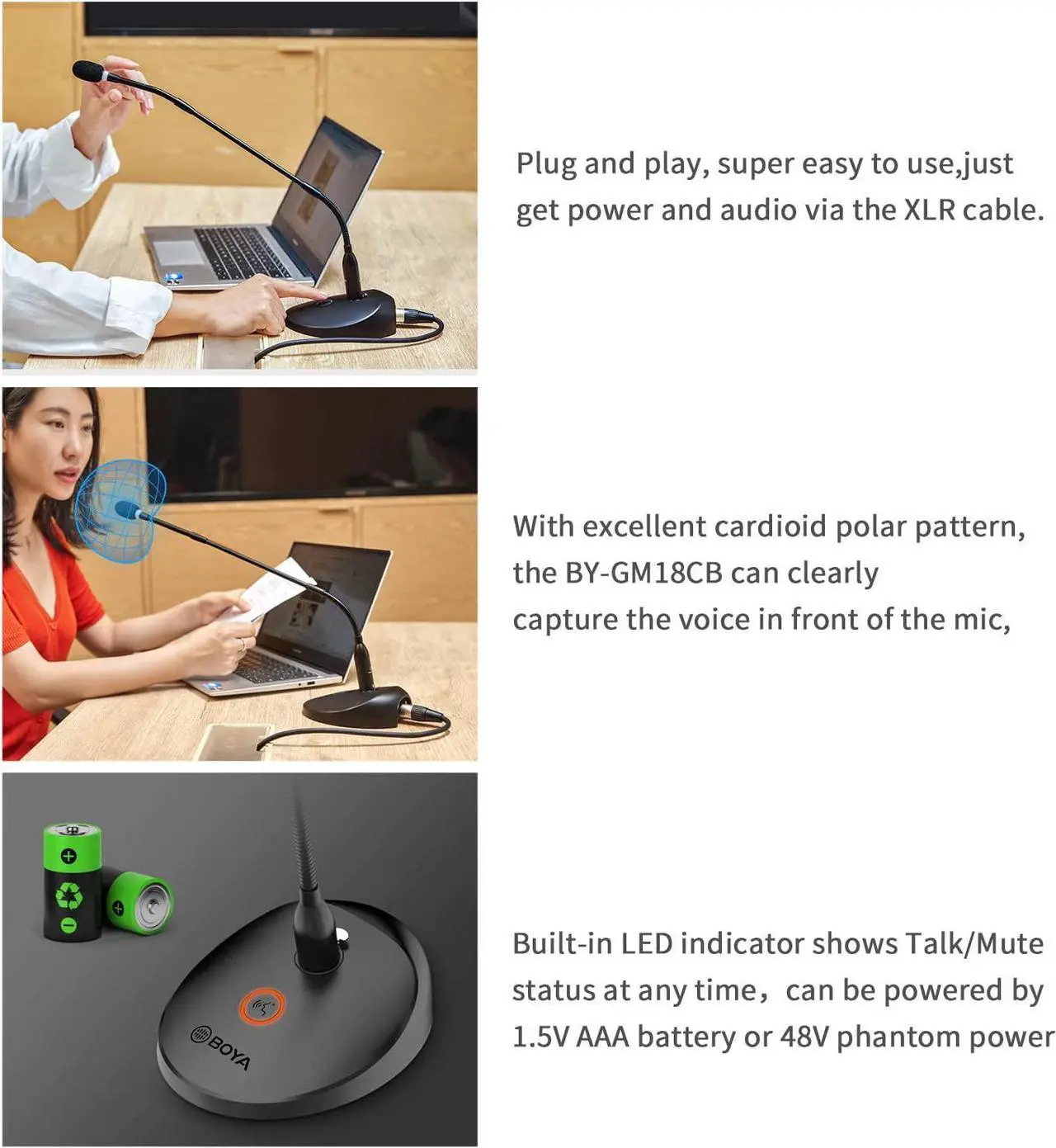 Alt view image 7 of 7 - Desktop Gooseneck Condenser Microphone 18" Podium Microphones with Base LED Indicator XLR Mic for Meetings Video Conferences Streaming Lectures BY-GM18CB