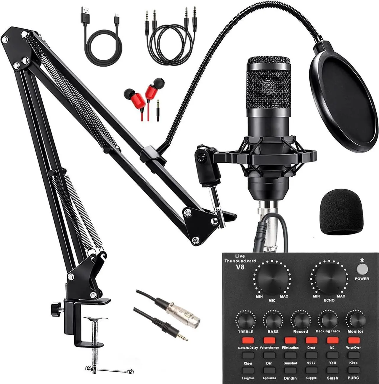 Main image of Podcast Equipment Bundle, BM800 Podcast Microphone, V8 Sound Card with Voice Changer - Studio Condenser Microphone, Perfect for Recording, Streaming, Gaming, Compatible with PC, Playstation
