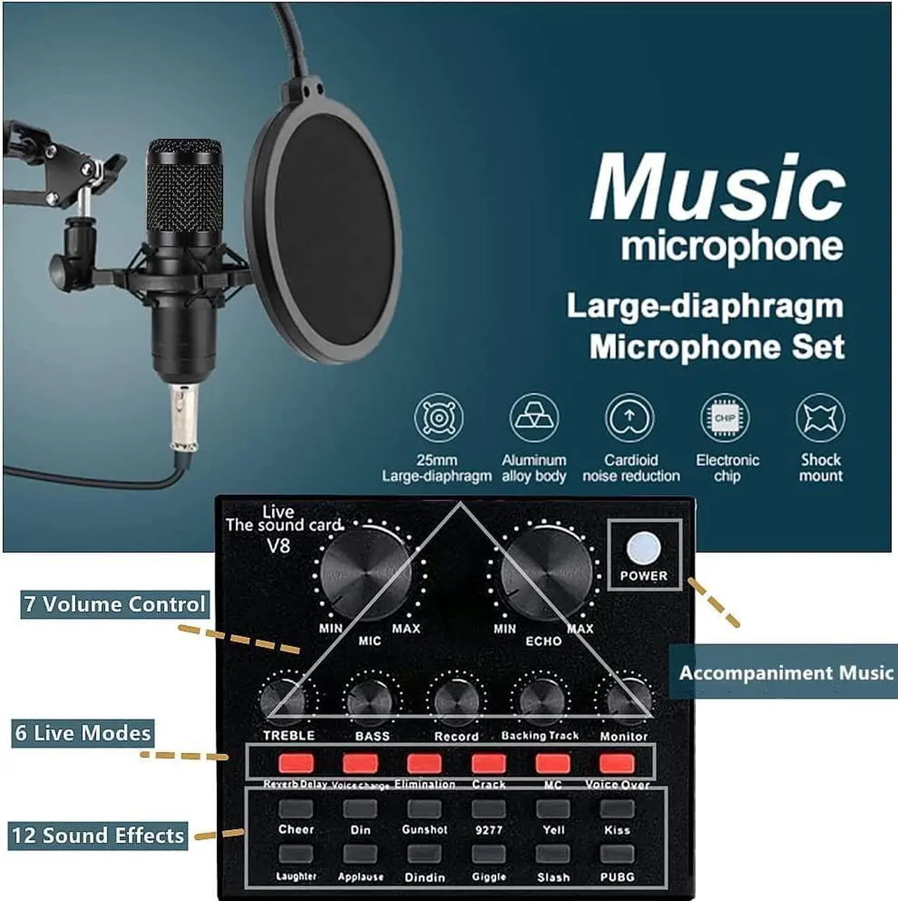 Alt view image 4 of 6 - Podcast Equipment Bundle, BM800 Podcast Microphone, V8 Sound Card with Voice Changer - Studio Condenser Microphone, Perfect for Recording, Streaming, Gaming, Compatible with PC, Playstation
