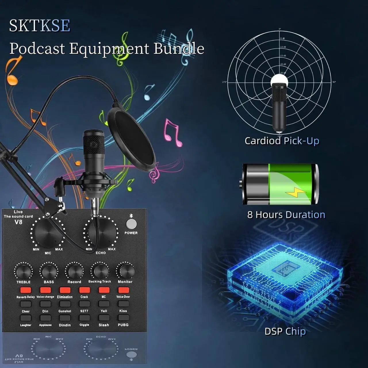 Alt view image 2 of 6 - Podcast Equipment Bundle, BM800 Podcast Microphone, V8 Sound Card with Voice Changer - Studio Condenser Microphone, Perfect for Recording, Streaming, Gaming, Compatible with PC, Playstation