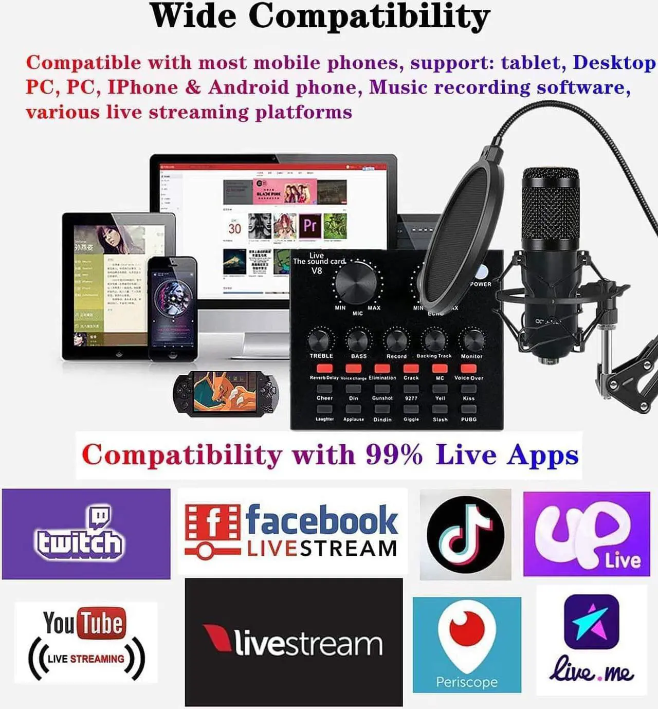 Alt view image 5 of 6 - Podcast Equipment Bundle, BM800 Podcast Microphone, V8 Sound Card with Voice Changer - Studio Condenser Microphone, Perfect for Recording, Streaming, Gaming, Compatible with PC, Playstation