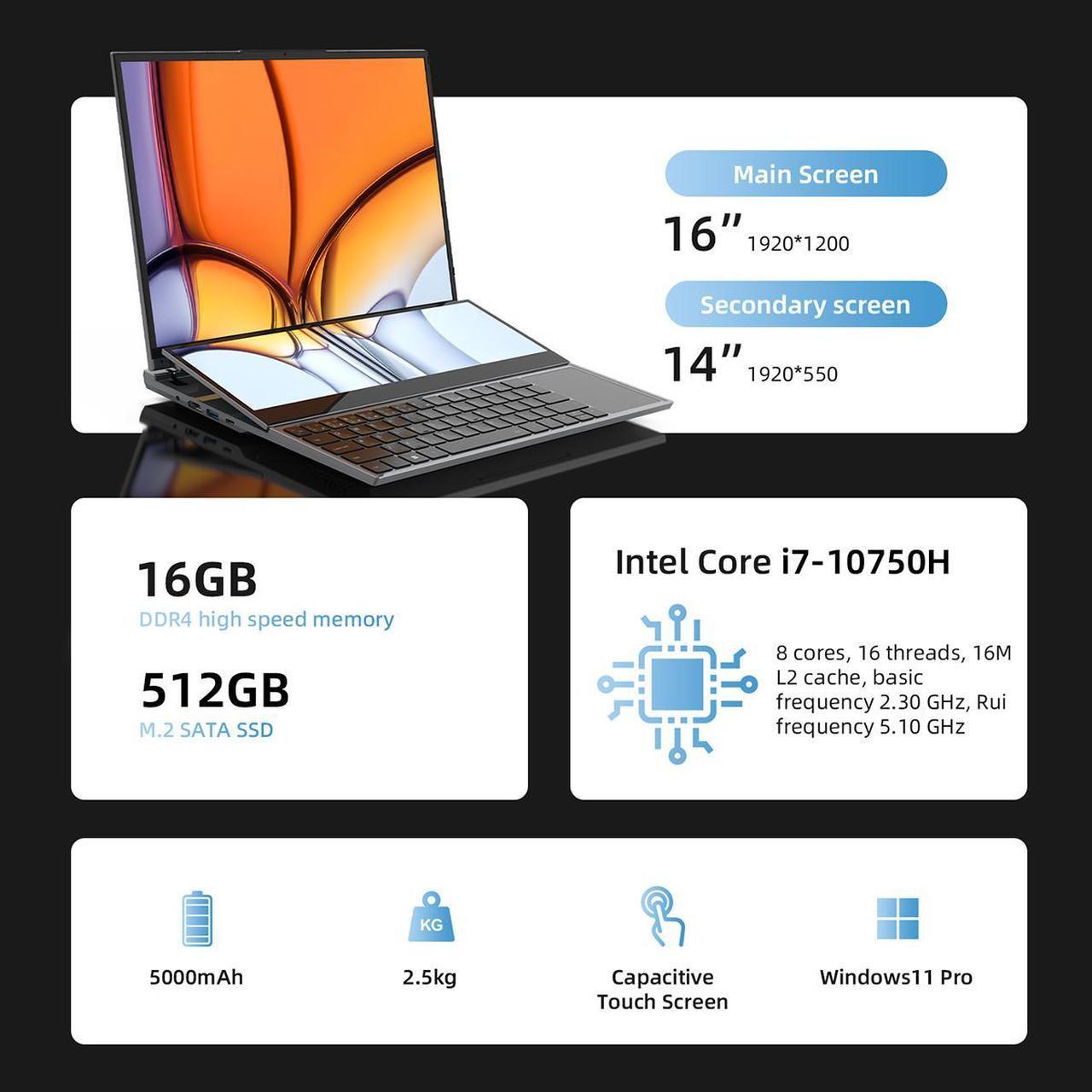 Alt view image 2 of 7 - JSHIX  Business Laptop Windows 11 Pro dual screen,main screen16" and 14"Touchscreen secondary screen Intel Core i7 10th Gen 10875H (2.50GHz) 16GB Memory 512GB PCIe SSD