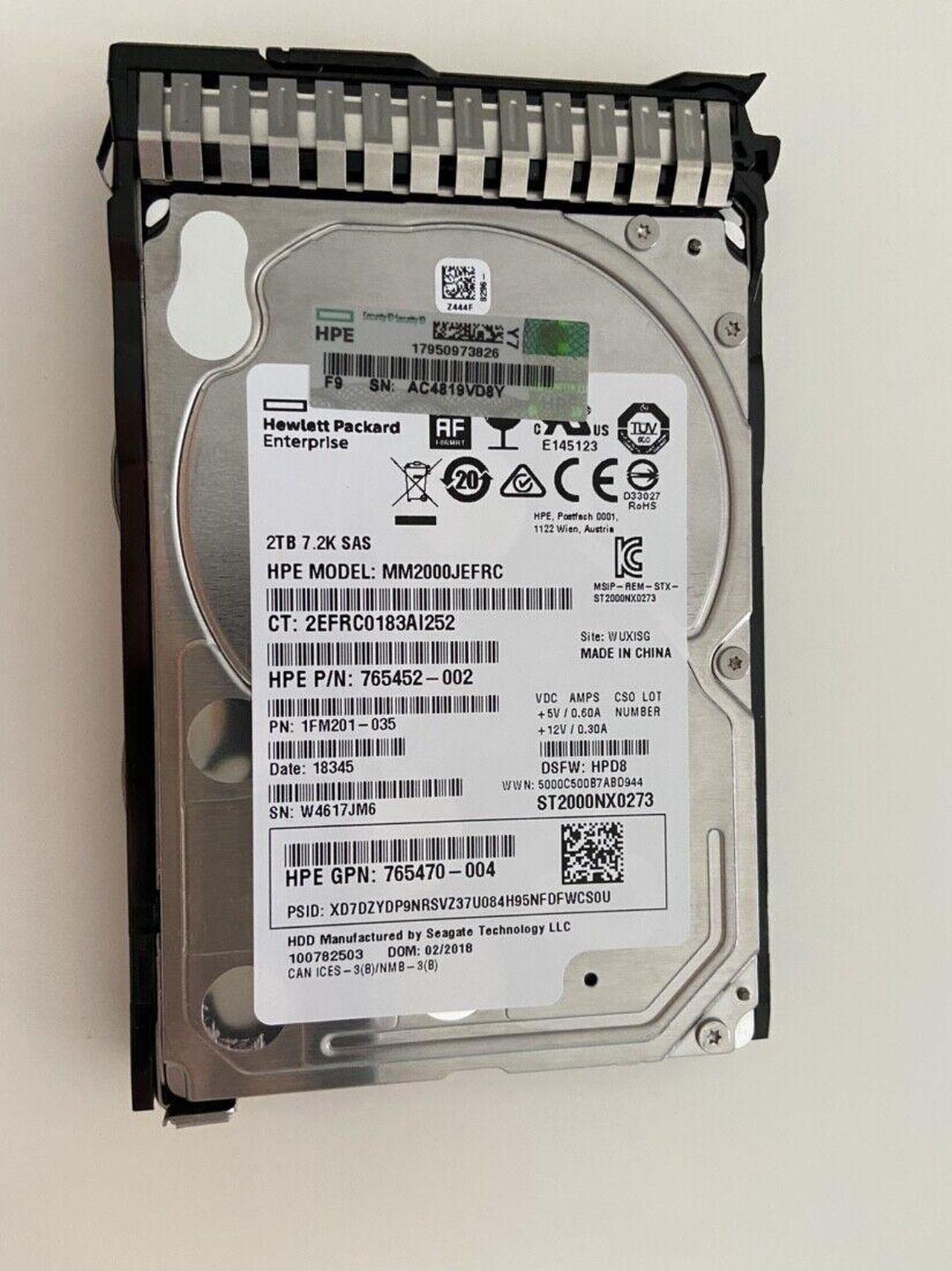 New 765466-B21 HP 2TB 12G SAS 7.2K RPM 2.5" 512E HDD 765873-001 765452-002