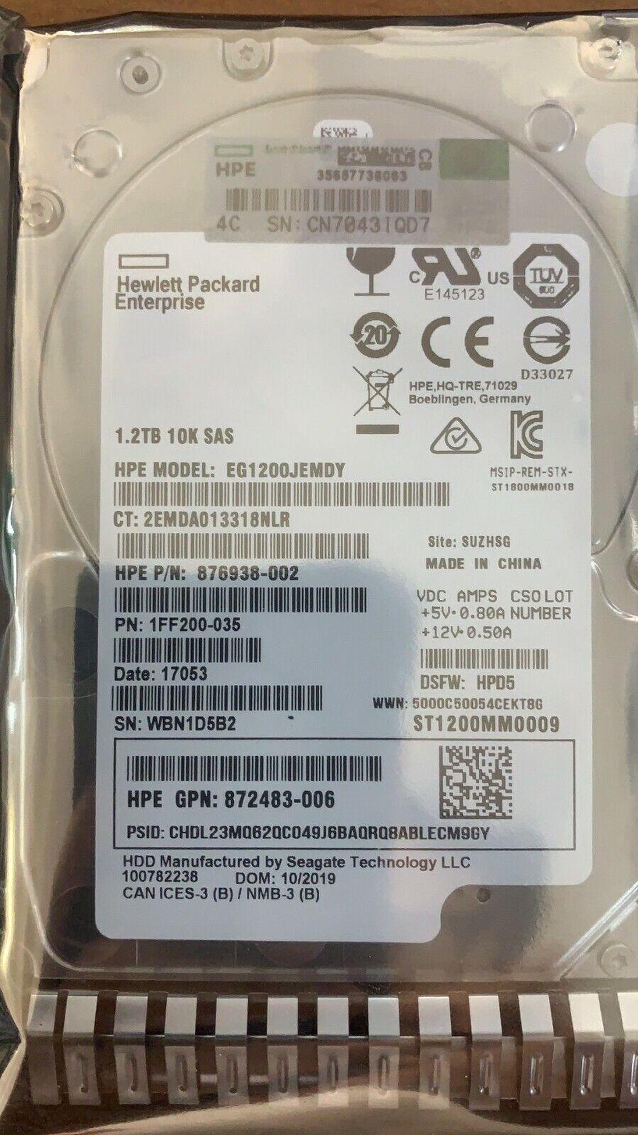 HPE 872479-B21 872737-001 1.2TB 10K 12G 2.5 SAS SC DS HDD INCLUDES HDD TRAY