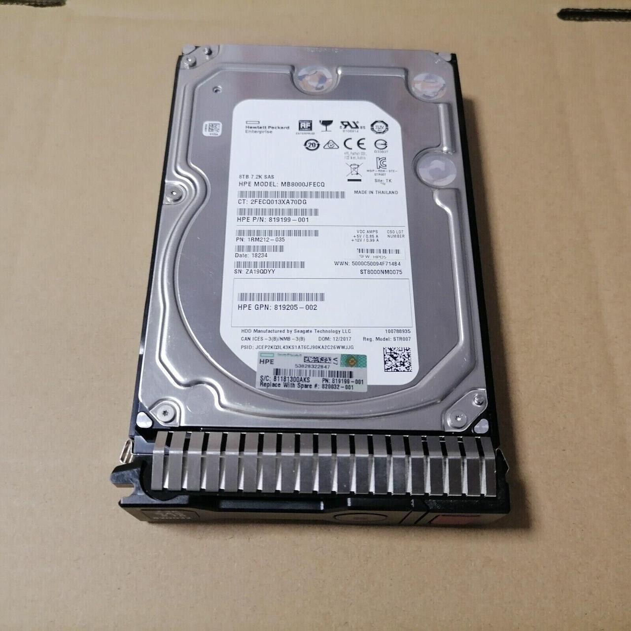 820032-001 HPE 8TB 12G 7.2K 3.5 SAS G8-G10 SC HARD DRIVE 819201-B21 819199-001