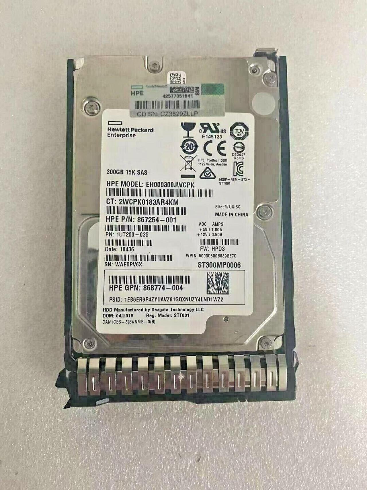 870792-001 870753-B21 HPE 300GB SAS 12G ENT 15K SFF (2.5in) SC DS HDD NEW