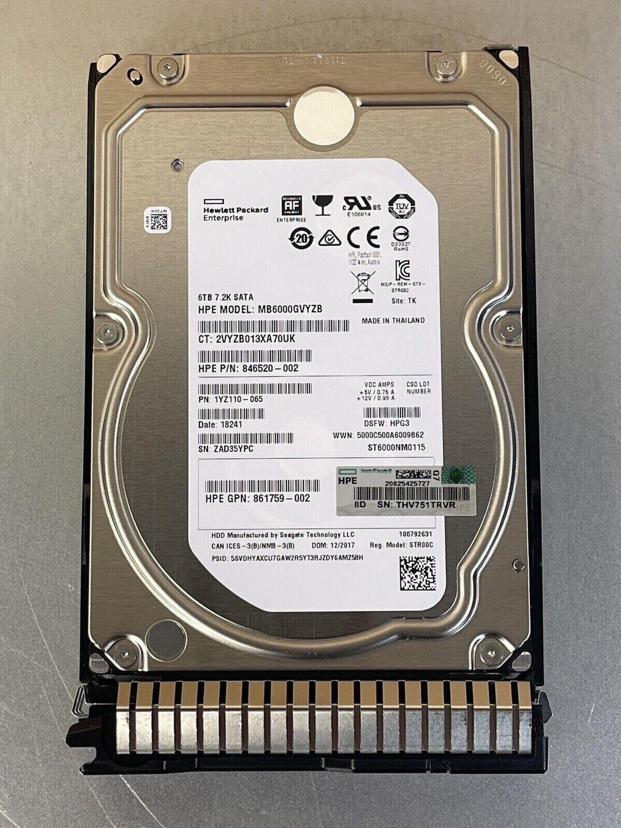 861750-B21 862138-001 HPE 6TB 6G SATA 7.2K 3.5" LFF SC 512e Hard Drive HDD