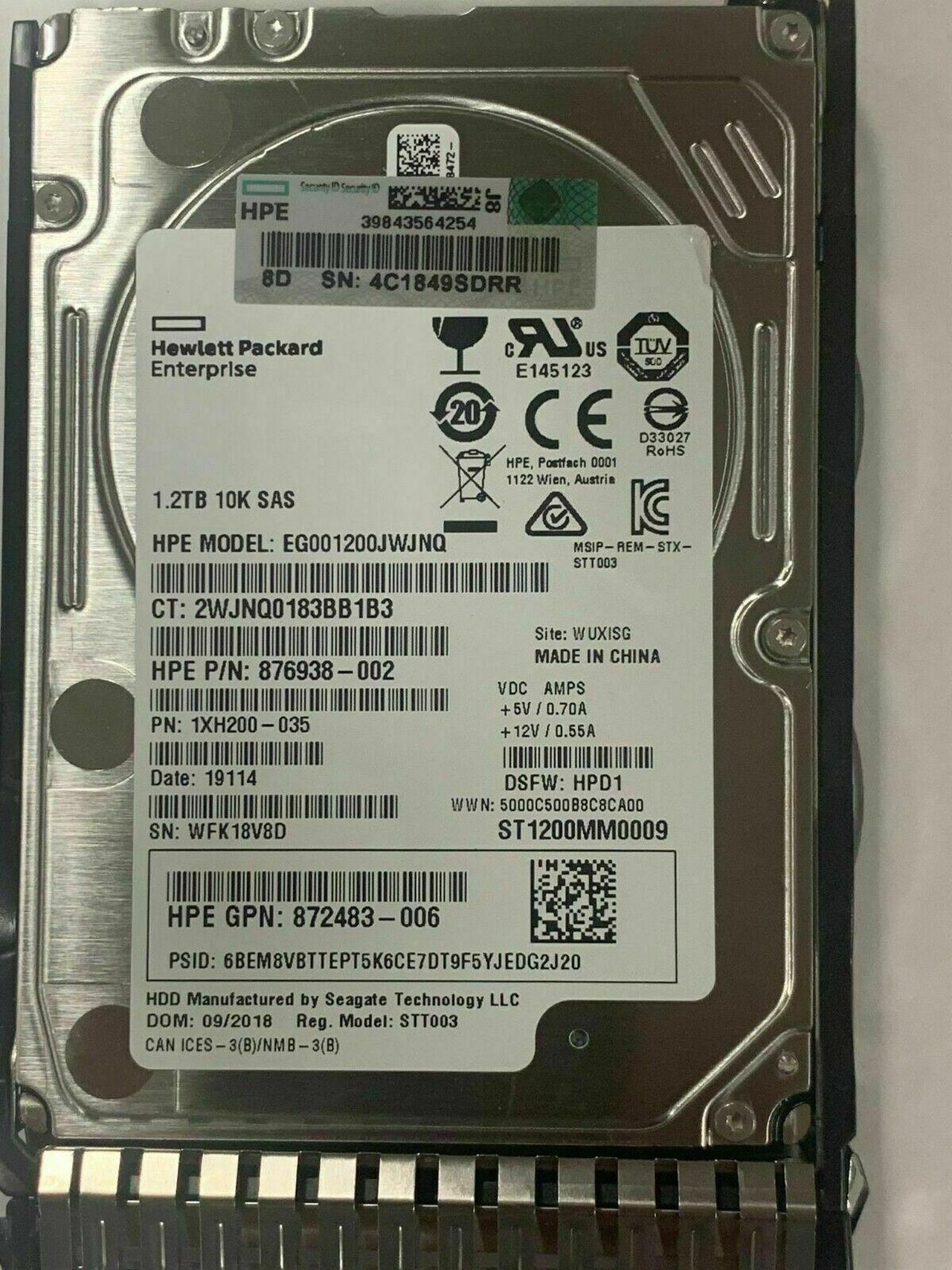 HPE 872479-B21 872737-001 1.2TB 10K 12G 2.5 SAS SC DS HDD INCLUDES HDD TRAY