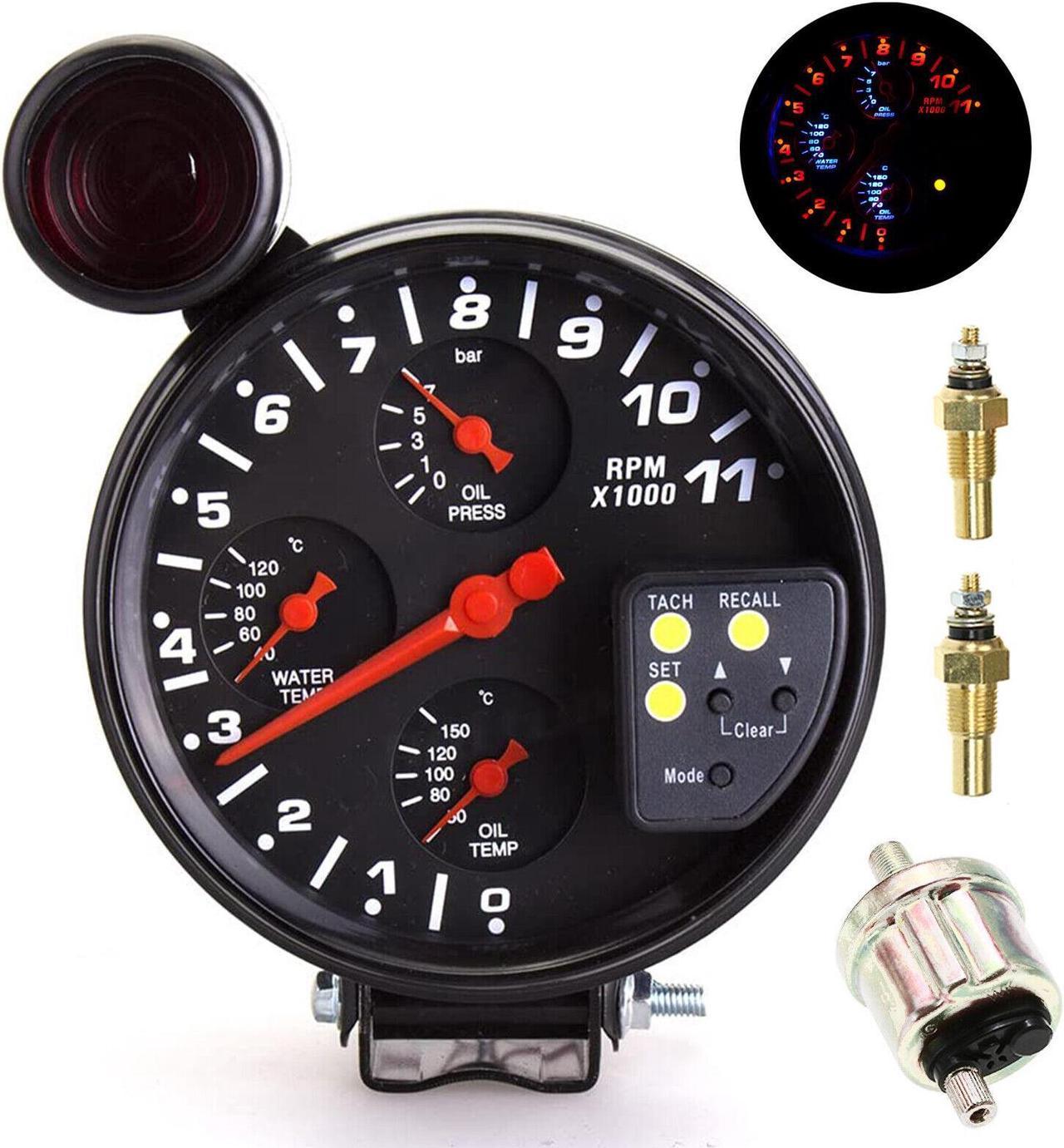 5" 4IN1 11K RPM Tachometer Oil Pressure &Water+Oil Temp Gauges with Sensor A3V9