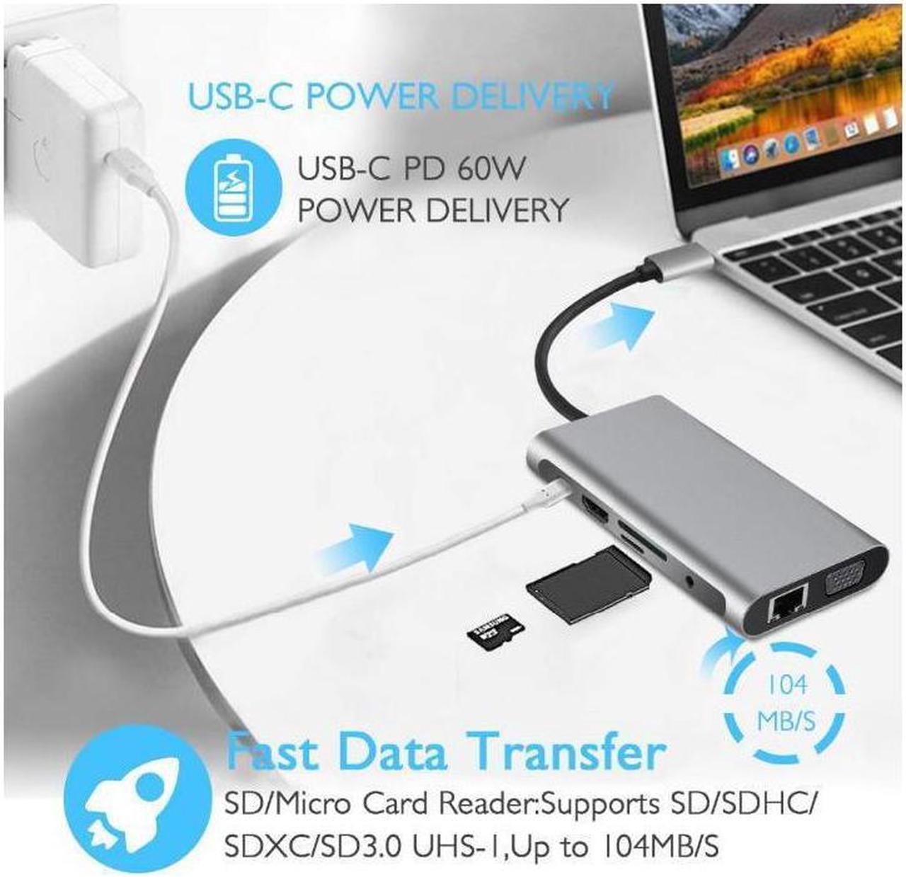 Alt view image 4 of 7 - IXJYLCPC USB C Hub, USB C Adapter 10 in 1 Thunderbolt 3 hub 1000M RJ45 Ethernet, 4K HDMI, VGA, 3USB 3.0 Ports, PD Charging Port, Card Reader, Audio Mic Port MacBook, Chromebook More