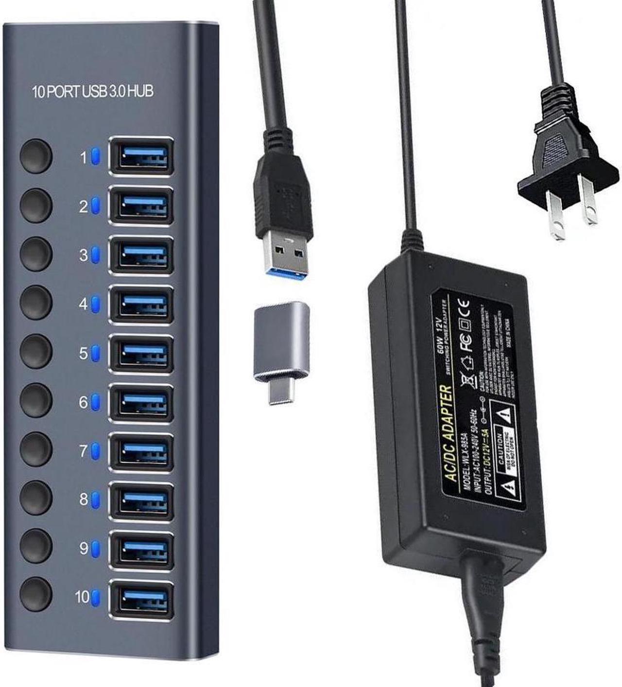 Main image of XJYLCPC USB 3.0 SuperSpeed 10-Port Hub [Durable Aluminum] with 60W (12V / 5A) Power Adapter for Laptop/PC, work for Mouse, Keyboard, Hard Drive or More USB Devices