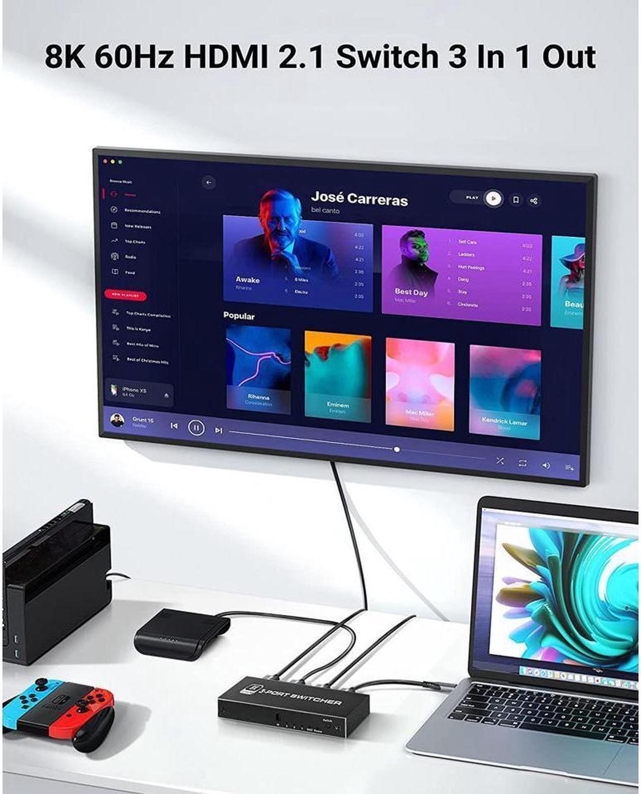 Alt view image 2 of 7 - IXJYLCPC 3In 1Out 8K HDMI 2.1 Switch, 3x1 4K@120Hz/8K@60Hz HDMI Switcher with Remote Control, Supports 48Gbps, HDR10+, HDCP2.3, Dolby Vision, 4k@120H for PS5/PS4/Xbox/Roku/Apple TV