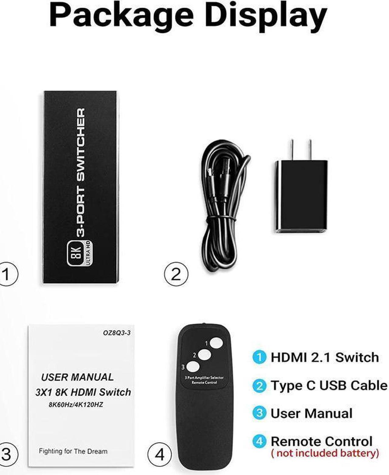 Alt view image 7 of 7 - IXJYLCPC 3In 1Out 8K HDMI 2.1 Switch, 3x1 4K@120Hz/8K@60Hz HDMI Switcher with Remote Control, Supports 48Gbps, HDR10+, HDCP2.3, Dolby Vision, 4k@120H for PS5/PS4/Xbox/Roku/Apple TV