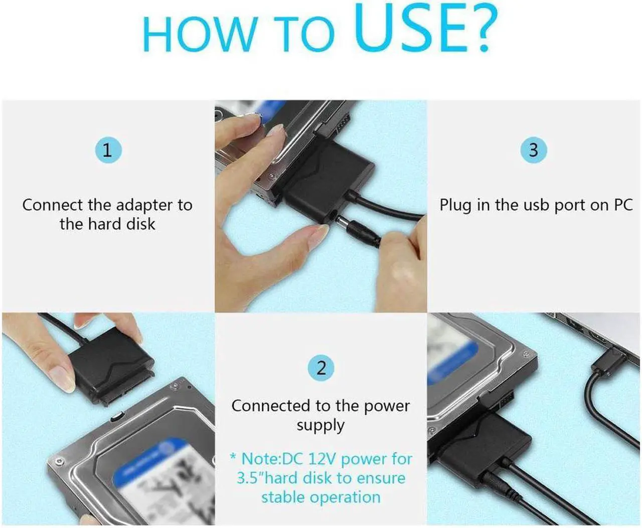 Alt view image 7 of 7 - IXJYLCPC USB 3.0 to SATA Converter for Universal 2.5"/3.5" SATA HDD/SDD Hard Drive Disk, Hard Drive Adapter with 12V/2A Power Adapter & USB 3.0 Cable (UT-3112)