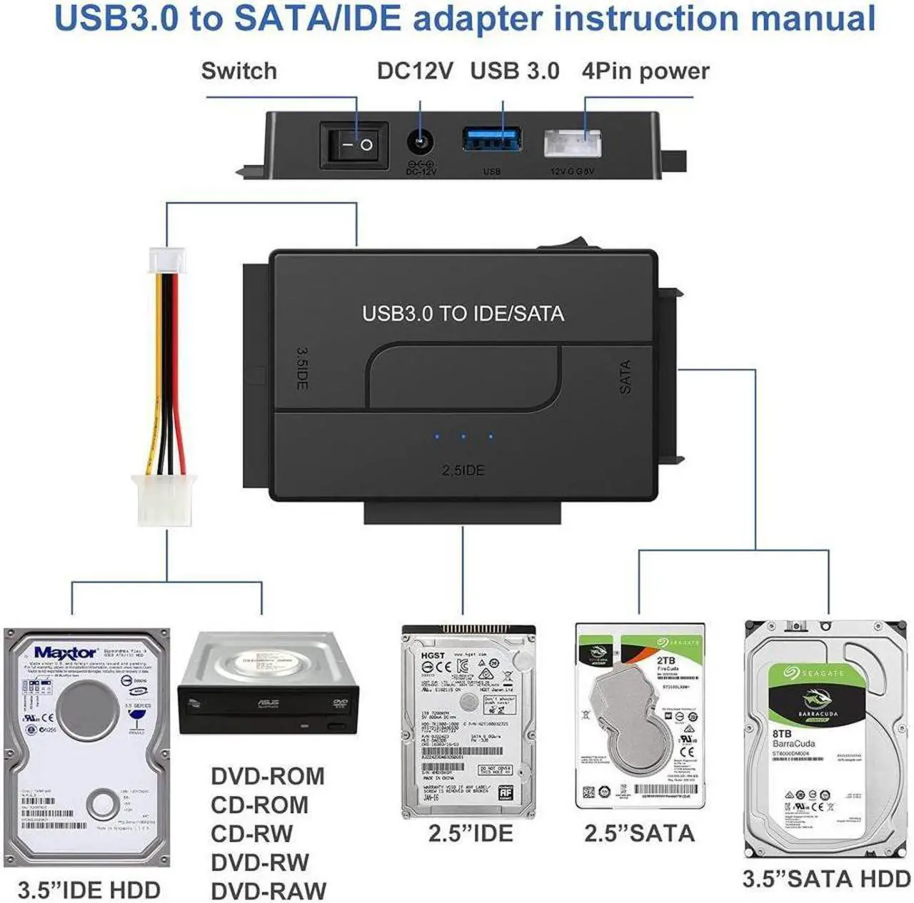 Alt view image 2 of 7 - IXJYLCPC USB 3.0 to IDE SATA Adapter - 2.5 / 3.5" SSD / HDD - USB to IDE & SATA Converter Cable - USB Hard Drive Adapter (USB3SATAIDE),Black