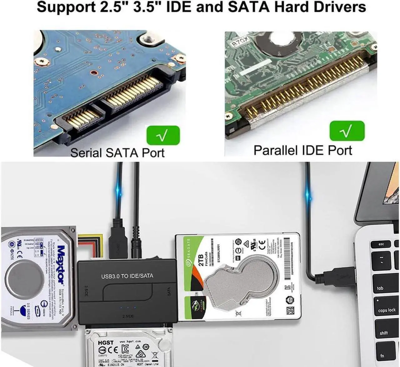 Alt view image 4 of 7 - IXJYLCPC USB 3.0 to IDE SATA Adapter - 2.5 / 3.5" SSD / HDD - USB to IDE & SATA Converter Cable - USB Hard Drive Adapter (USB3SATAIDE),Black