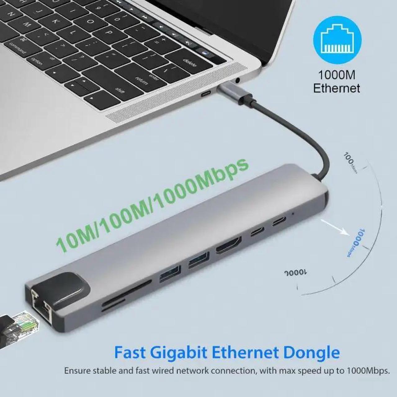 Alt view image 2 of 5 - IXJYLCPC 8 in 1 USB-C Hub Adapter Type-C Kabel naar 4K 60hz Converter Ethernet 3.0 USB C 8 IN 1 Hub USB Charging Station Docking