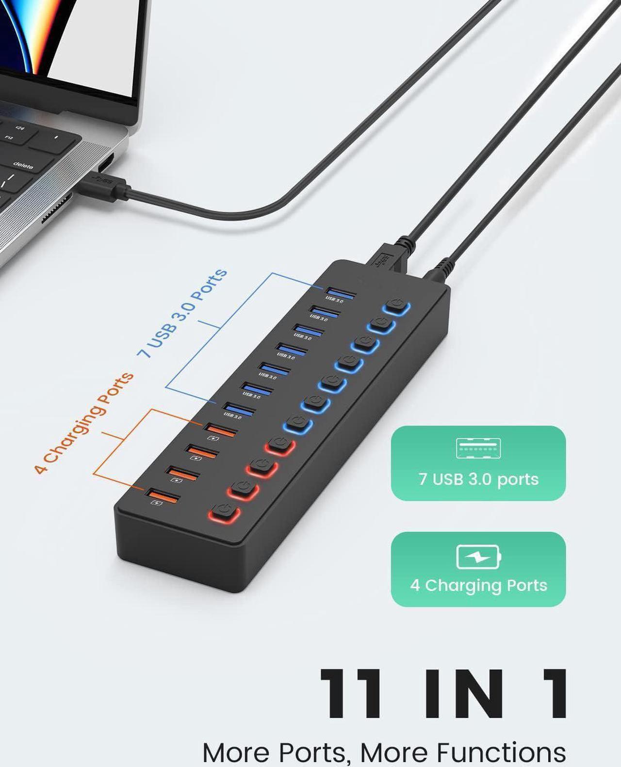 Alt view image 2 of 7 - IXJYLCPC Powered USB Hub 3.0,Data 11 Ports USB3.0 Ports, [7 Faster Data Transfer Ports+ 4 Smart Charging Ports] Multi USB 3.0 Splitter with Individual LED Switches Power Adapter for Laptop Computer PC