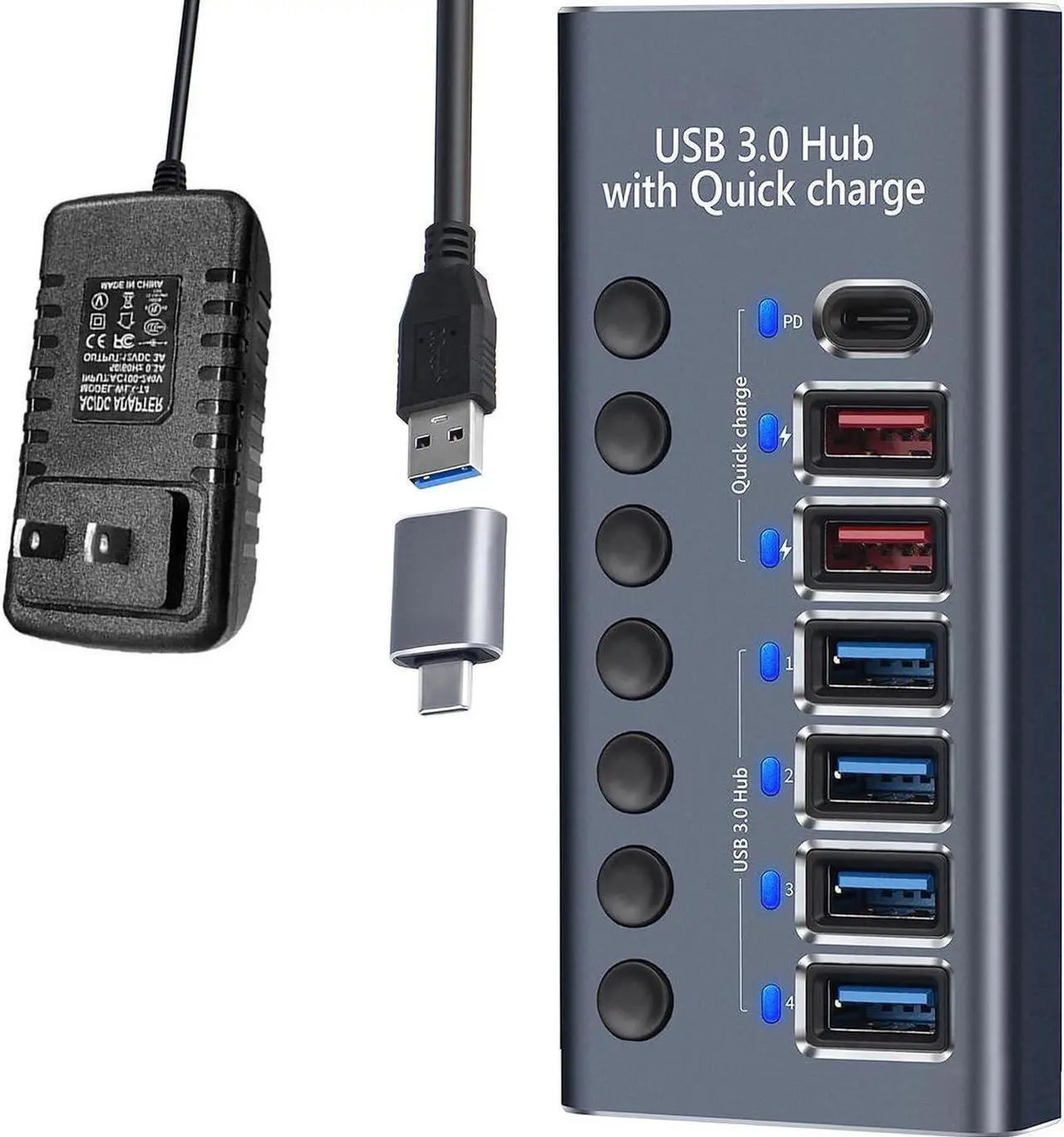 Main image of IXJYLCPC Powered USB Hub 3.0, Aluminum 7 Port USB 3.0 Data Hub Splitter with Smart Charging Ports and Individual On/Off Switches for Mouse, Keyboard, Hard Drive or More USB Devices