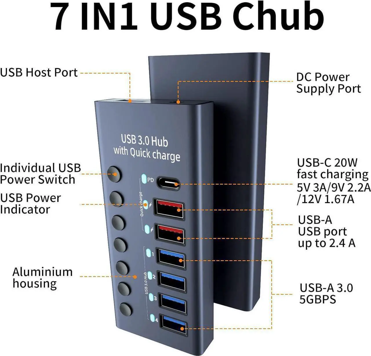 Alt view image 6 of 7 - IXJYLCPC Powered USB Hub 3.0, Aluminum 7 Port USB 3.0 Data Hub Splitter with Smart Charging Ports and Individual On/Off Switches for Mouse, Keyboard, Hard Drive or More USB Devices
