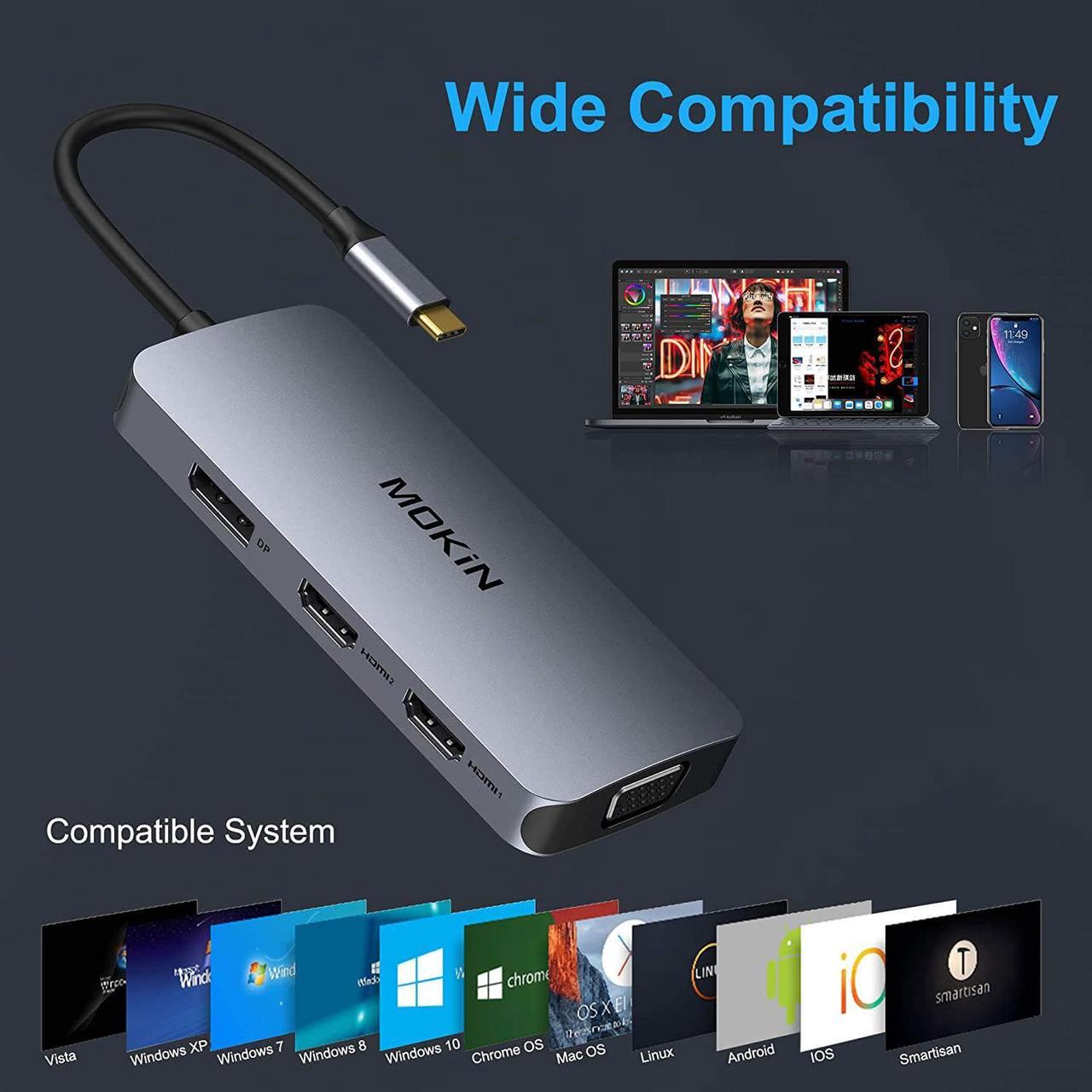 Alt view image 7 of 7 - MOKiN USB C to Dual 4K HDMI Adapter,USB C Dual Monitor Docking Station,USB C Hub with 2x4K 60Hz HDMI,Displayport Port&VGA,3xUSB 2.0,Compatible for Dell/HP/Lenovo/Microsoft,etc.
