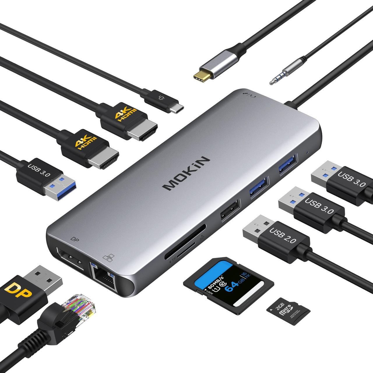 Main image of MOKiN USB C Docking Station Dual Monitor,12 in 1 Triple Display USB C Hub with 2x4K HDMI,DisplayPort,100W PD,4xUSB,Gigabit Ethernet,SD/TF,Audio Port,Multiport Adapter for Macbook/HP/Dell/Lenovo,etc.