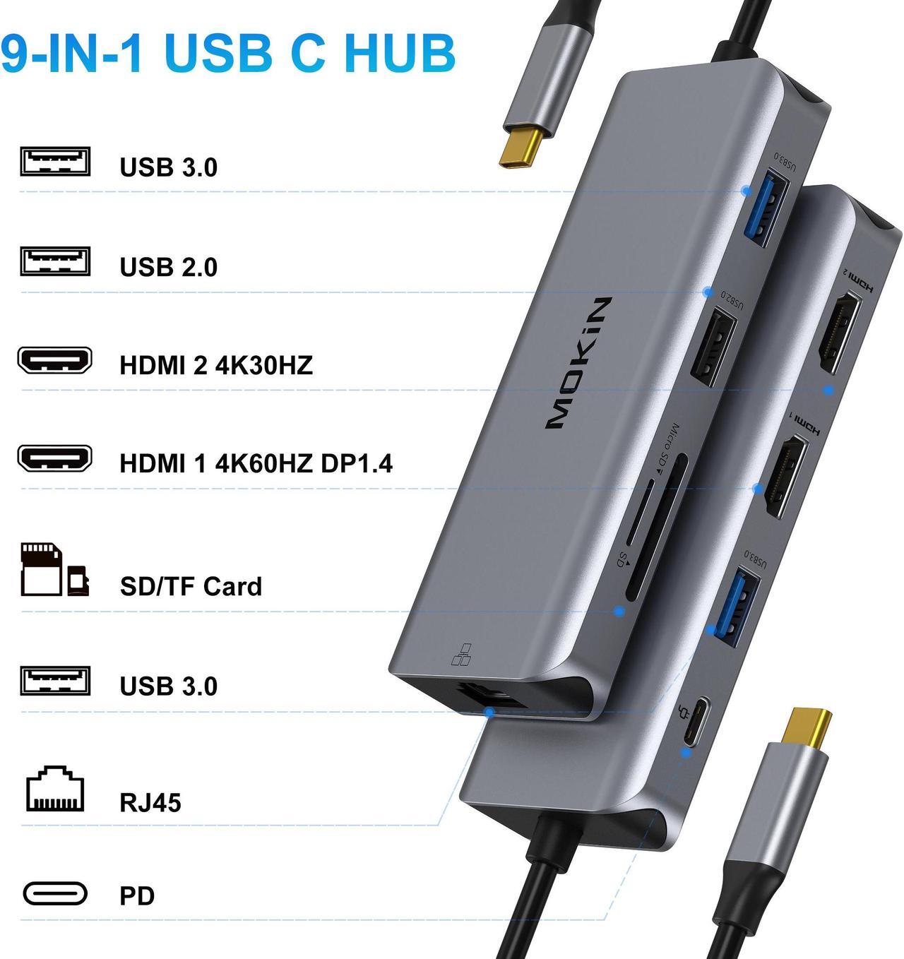 Alt view image 3 of 7 - MOKiN USB C Laptop Docking Station,USB C Hub HDMI Adapter with 2xHDMI,100W PD,Ethernet,3 USB and SD/TF Card Reader,Triple Display Multiport Dongle for MacBook/HP/Lenovo/Dell/Surface Laptop,etc