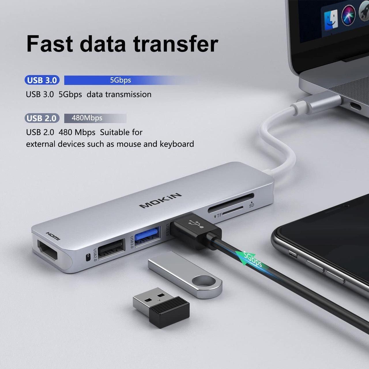 Alt view image 5 of 6 - MOKiN 6 in 1 USB C Laptop Hub with 4K HDMI, SD/TF Card Reader, 3xUSB A Port,Multiport Adapter compatible for MacBook Pro/Air, Dell XPS, Lenovo Thinkpad,etc