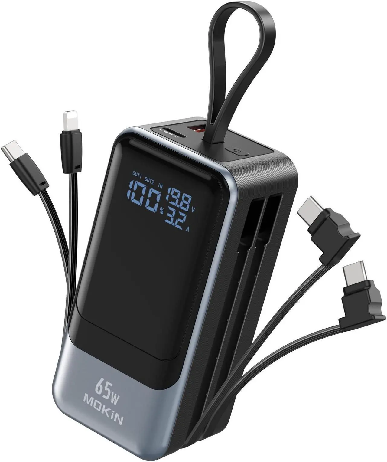 Main image of MOKiN 65W 18400mAh Power Bank Built-in USB C & iOS Cables, 4-Output PD3.0 Fast Charging Portable Battery Pack with Smart Digital Display, USB C Charger for MacBook Pro/Air, iPhone iPad - Black