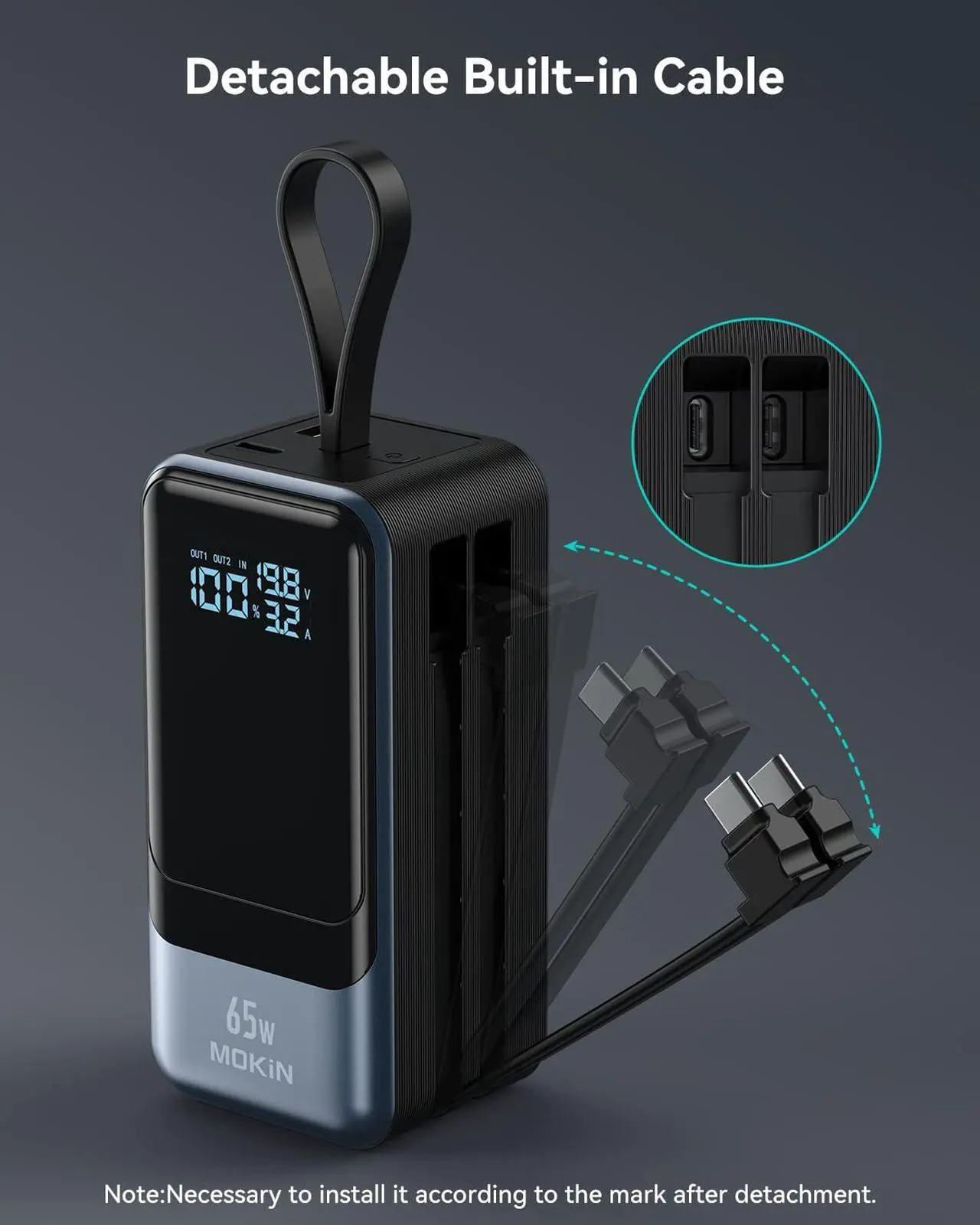 Alt view image 4 of 7 - MOKiN 65W 18400mAh Power Bank Built-in USB C & iOS Cables, 4-Output PD3.0 Fast Charging Portable Battery Pack with Smart Digital Display, USB C Charger for MacBook Pro/Air, iPhone iPad - Black