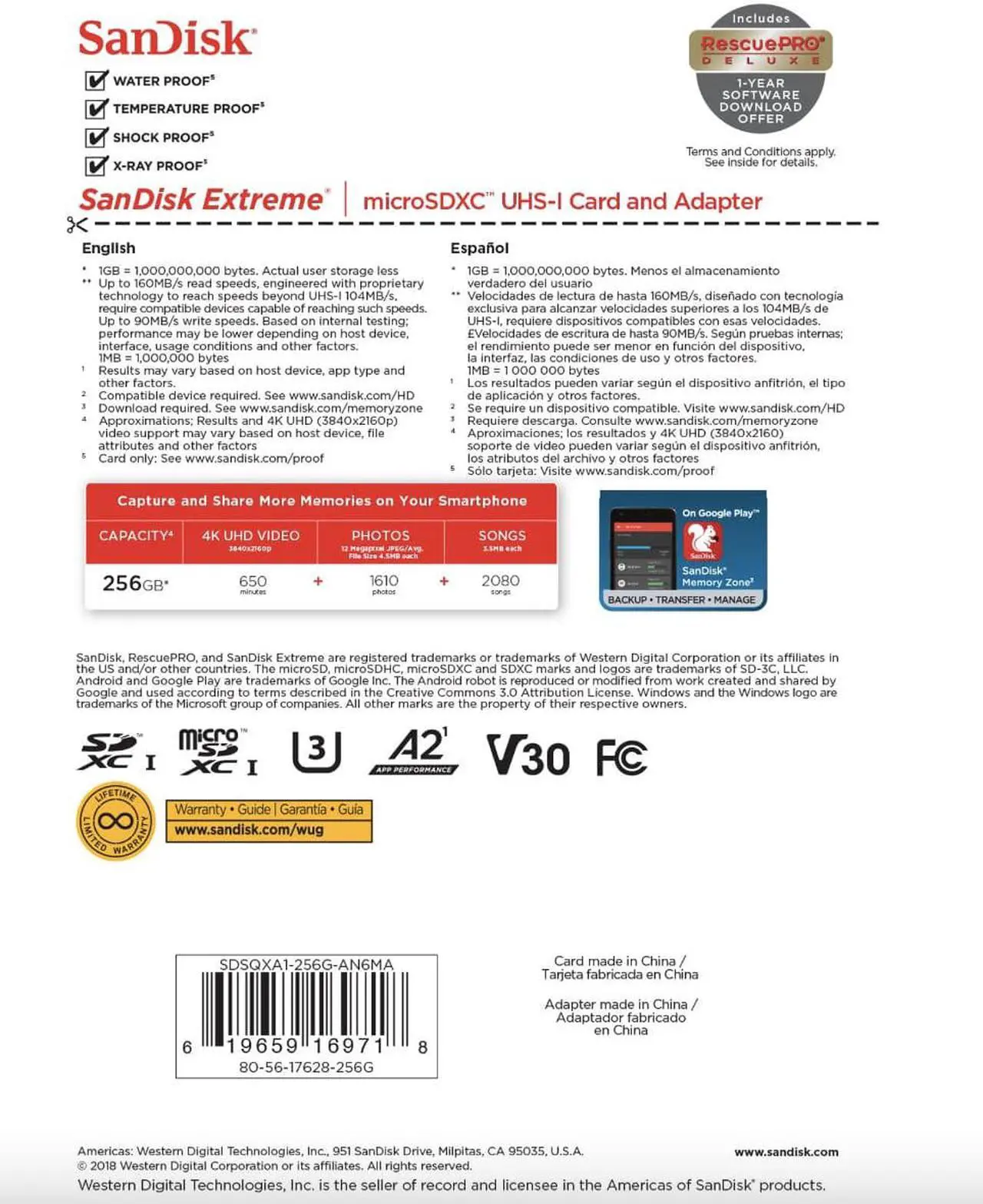Alt view image 5 of 5 - 256GB SanDisk  Extreme MicroSDHC UHS-I Memory Card With Adapter - 160MB/s, U3, V30, 4K UHD, A2, Micro SD Card - SDSQXA1-256G-GN6MA