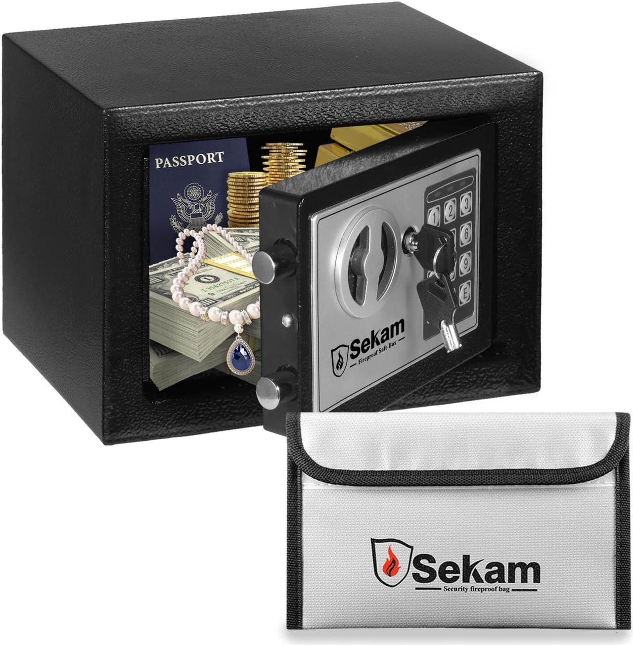 Main image of SEKAM Steel Small Money Safe Box for Home Office with Fireproof Money Bag for Cash, Personal Safe with Keypad and Keys, Mini Safe Lock Box for Cash, Digital Security Safe Silver