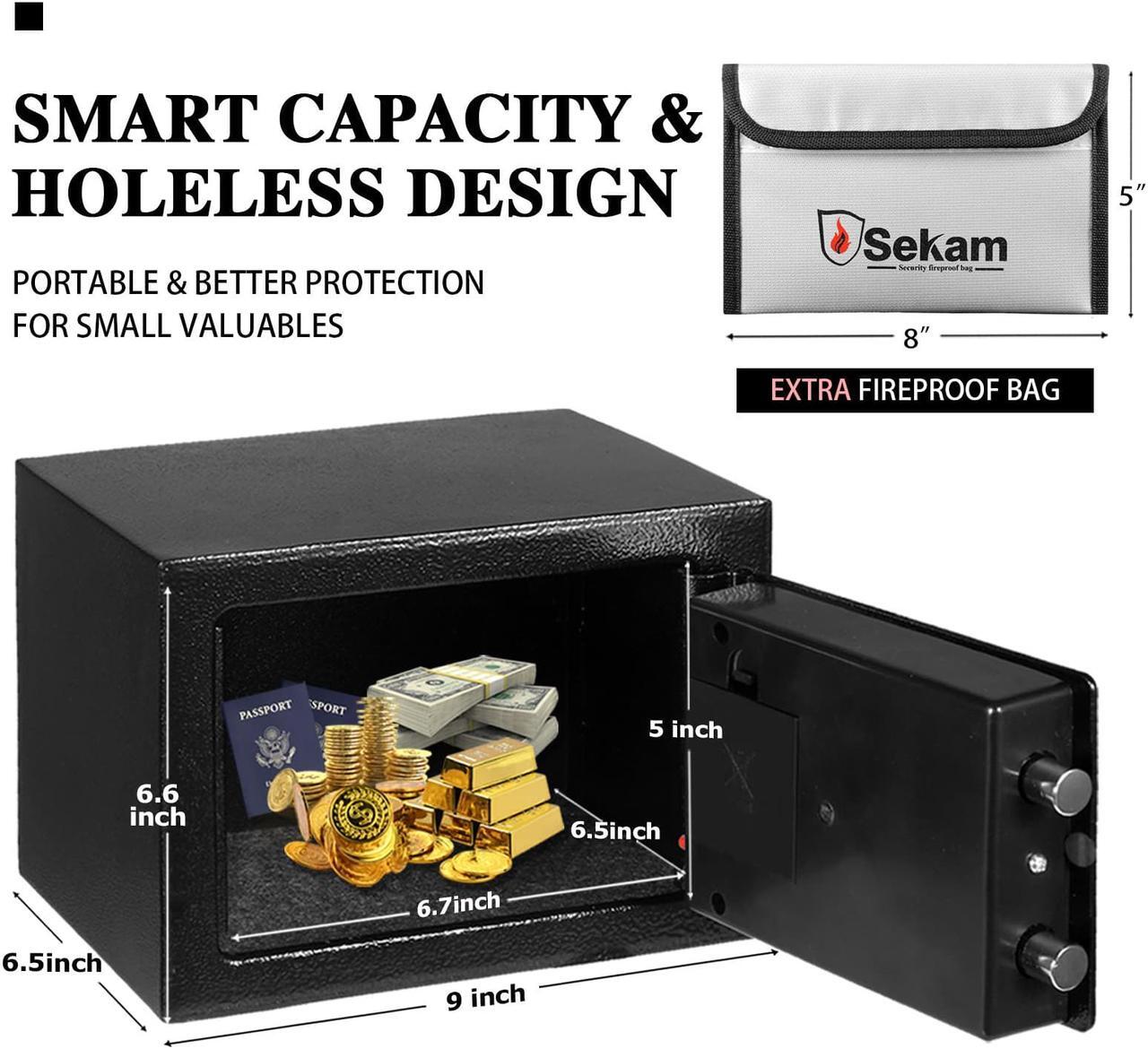 Alt view image 3 of 7 - SEKAM Steel Small Money Safe Box for Home Office with Fireproof Money Bag for Cash, Personal Safe with Keypad and Keys, Mini Safe Lock Box for Cash, Digital Security Safe Silver