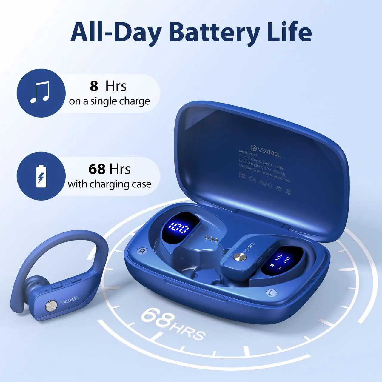 Alt view image 4 of 6 - Wireless Earbuds Bluetooth Headphone Sport, Bluetooth 5.4 Earbud, 72Hrs Earphone with Earhook, Noise Cancelling Mic, IP7 Waterproof Headset for Workout/Running