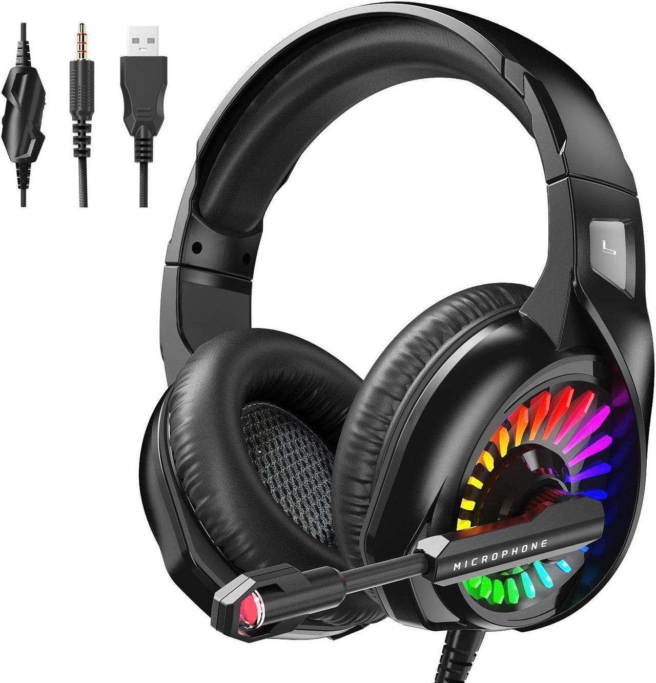 Main image of Gaming Headset with Microphone, Over Ear Gaming Headphones for PS4, PC, Xbox One, PS5 Controller, Noise Cancelling Headphones with 7.1 Stereo Surround Sound, Soft Memory Earmuffs & LED RGB Light