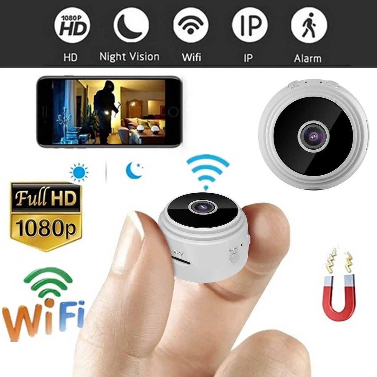 Main image of Mini 1080p HD Wireless Magnetic Security Camera with Sound, Spy Camera Hidden Camera, Nanny Cam with Phone App and Night Vision Motion Detection, for Office and Home Security