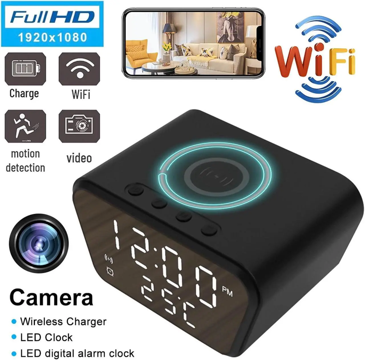 Alt view image 3 of 7 - 1080p Full Hd Wifi Mini CameraMotion Detection Clock Camcorder Wireless Charging Alarm Camera Clock,Smart Reminders with Smartphone Connection,128GB