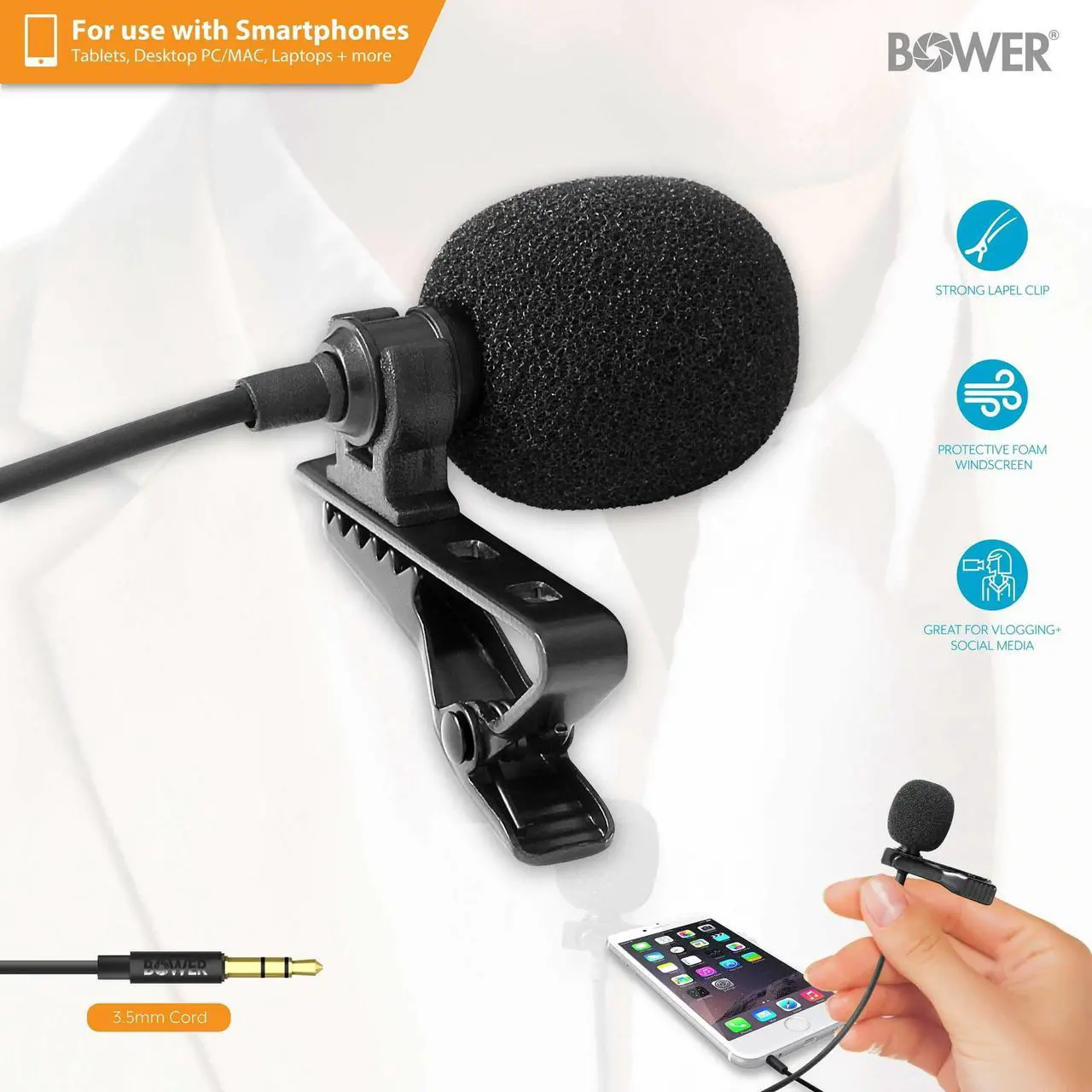Alt view image 2 of 7 - Professional Lavalier Lapel Microphone Omnidirectional Condenser 3.5mm Mic for iPhone Android Smartphone, Recording Mic for YouTube, Interview, Video
