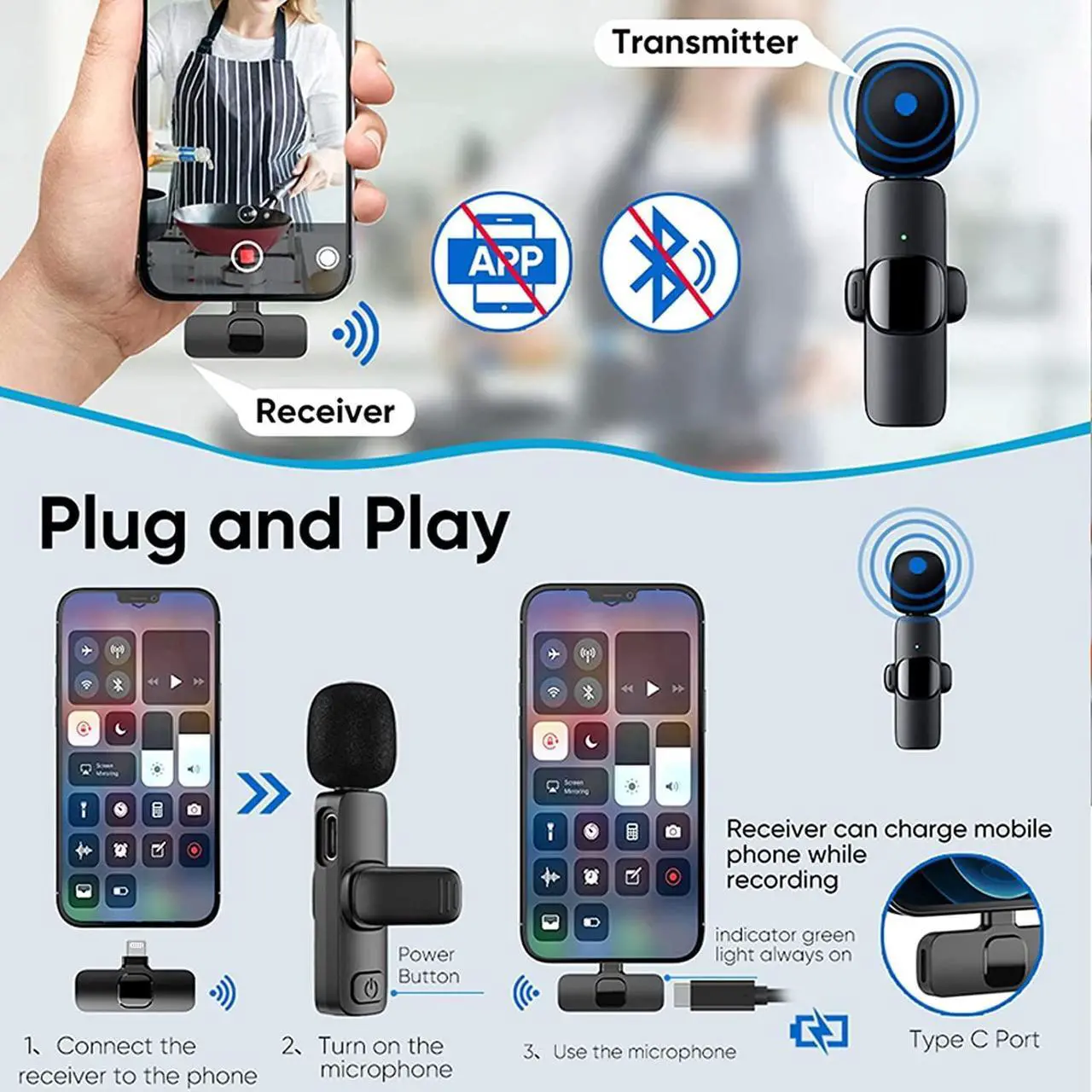 Alt view image 3 of 6 - Wireless Lavalier Lapel Microphone for iPhone iPad,Mini Recording Phone Mic for Live Stream,for Video Recording,Interview,TikTok,Facebook Live,YouTube,Clip-on Plug & Play Auto-sync