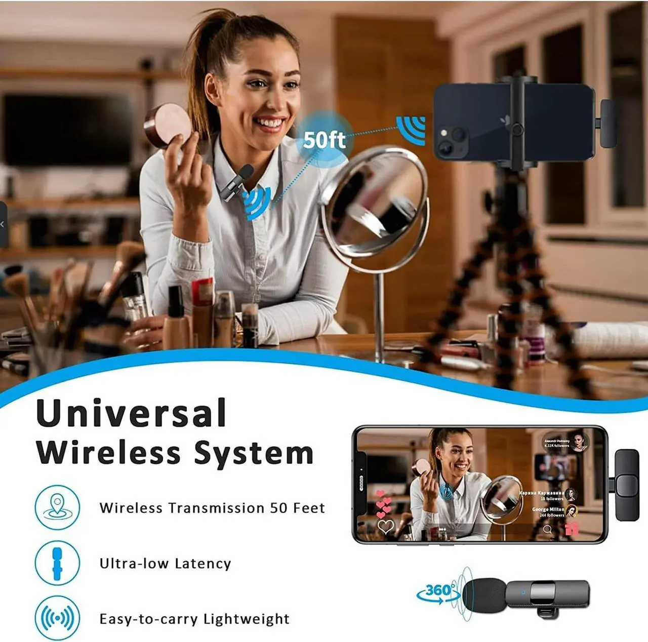Alt view image 5 of 6 - Wireless Lavalier Lapel Microphone for iPhone iPad,Mini Recording Phone Mic for Live Stream,for Video Recording,Interview,TikTok,Facebook Live,YouTube,Clip-on Plug & Play Auto-sync