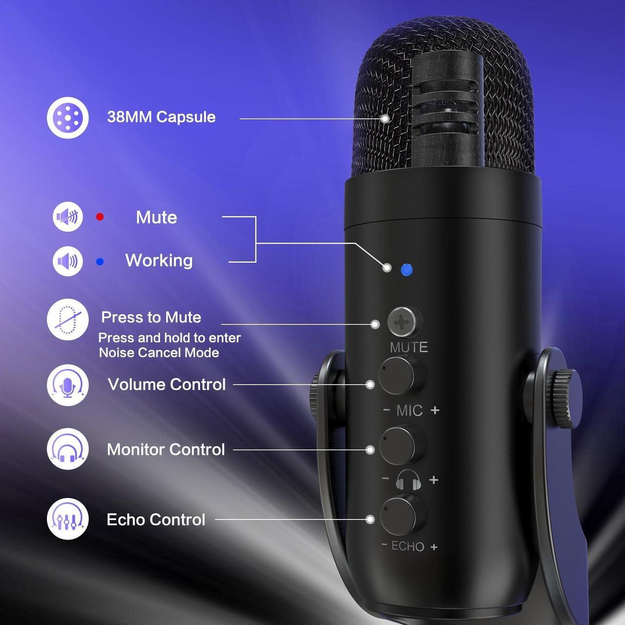 Alt view image 2 of 7 - USB Microphone,Condenser Computer PC Mic,Plug&Play Gaming Microphones for iPhone iPad MacBook Type C Phone,Headphone Output&Volume Control,Mic Gain Control,Mute Button Vocal,YouTube Podcast