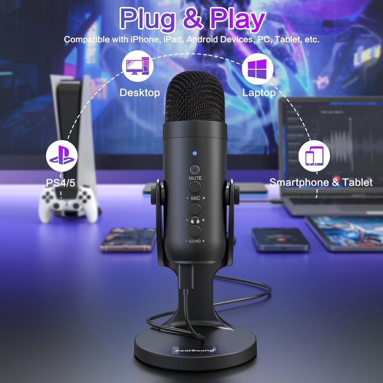 Alt view image 6 of 7 - USB Microphone,Condenser Computer PC Mic,Plug&Play Gaming Microphones for iPhone iPad MacBook Type C Phone,Headphone Output&Volume Control,Mic Gain Control,Mute Button Vocal,YouTube Podcast
