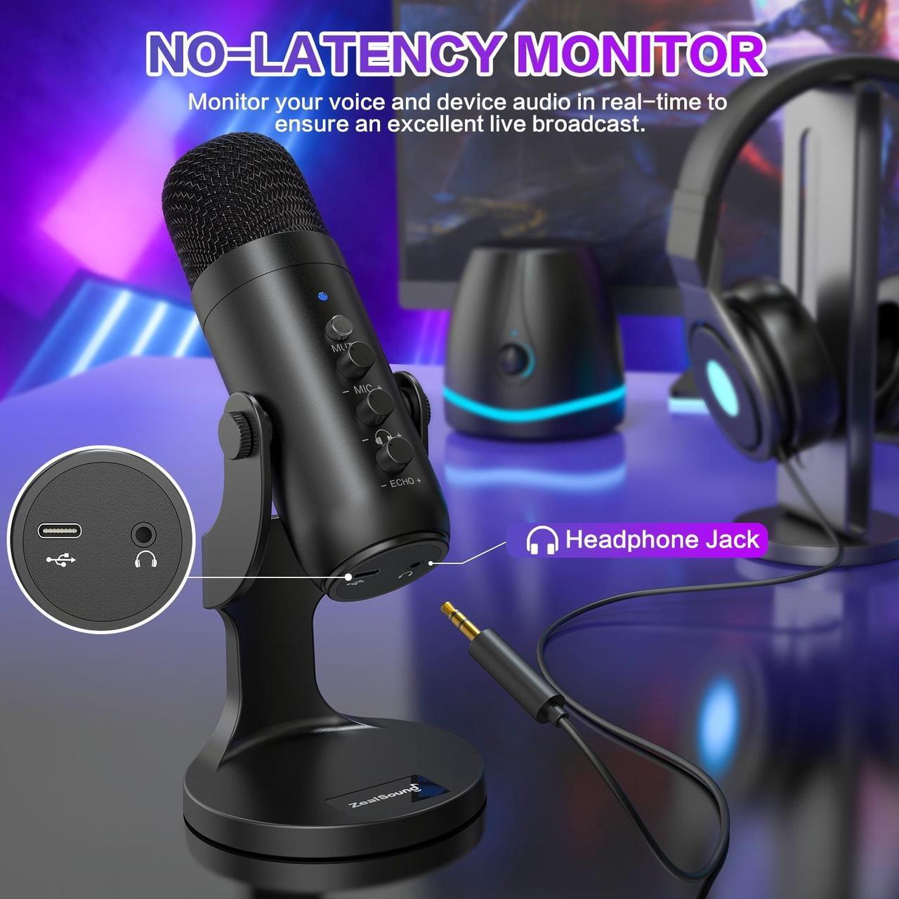 Alt view image 3 of 7 - USB Microphone,Condenser Computer PC Mic,Plug&Play Gaming Microphones for iPhone iPad MacBook Type C Phone,Headphone Output&Volume Control,Mic Gain Control,Mute Button Vocal,YouTube Podcast