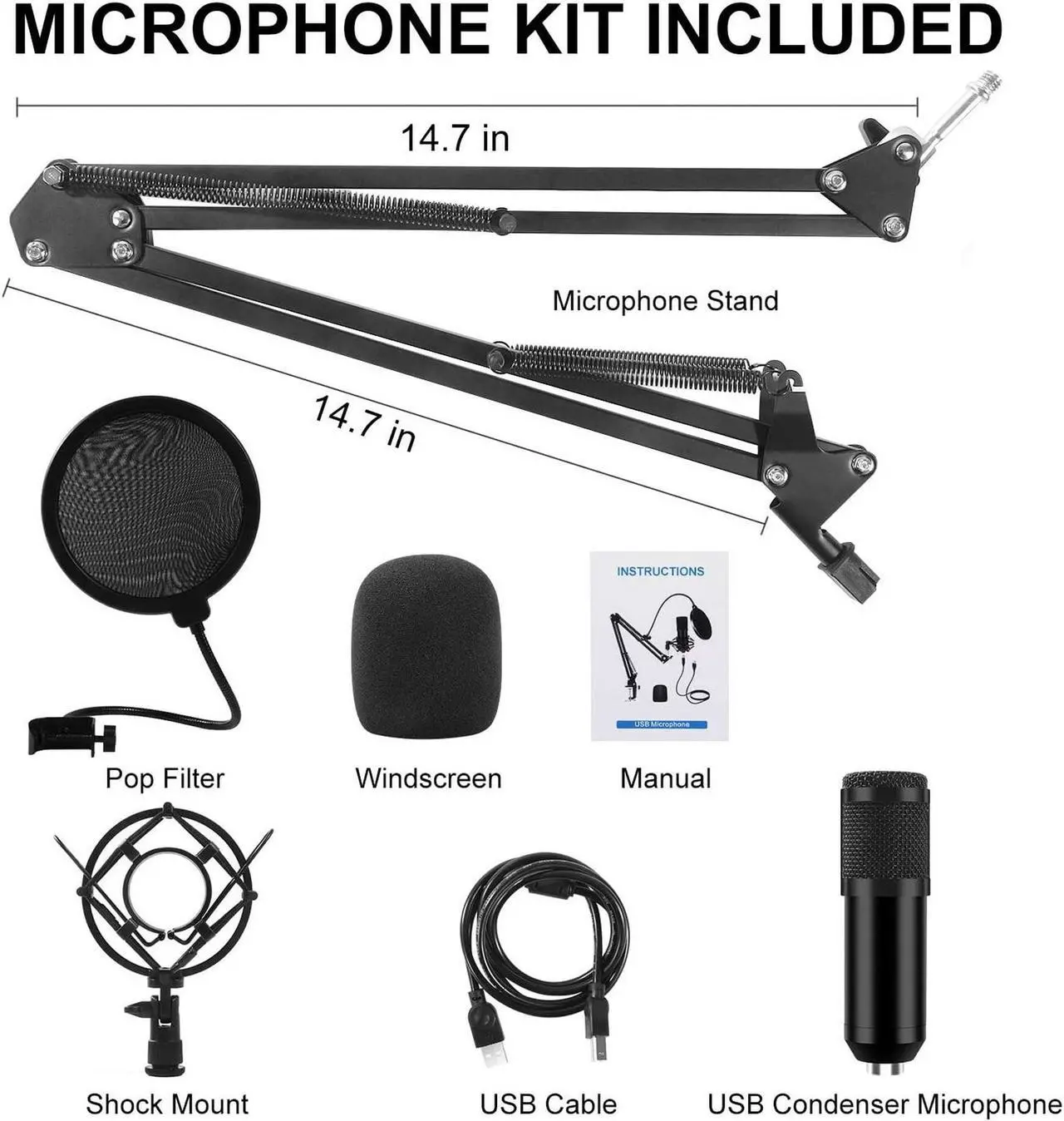 Alt view image 7 of 7 - Streaming Podcast Microphone Kit,Professional 192KHZ/24Bit Studio Cardioid Condenser Computer PC Mic Kit with Scissor Arm Shock Mount Stand Pop Filter for Music Recording