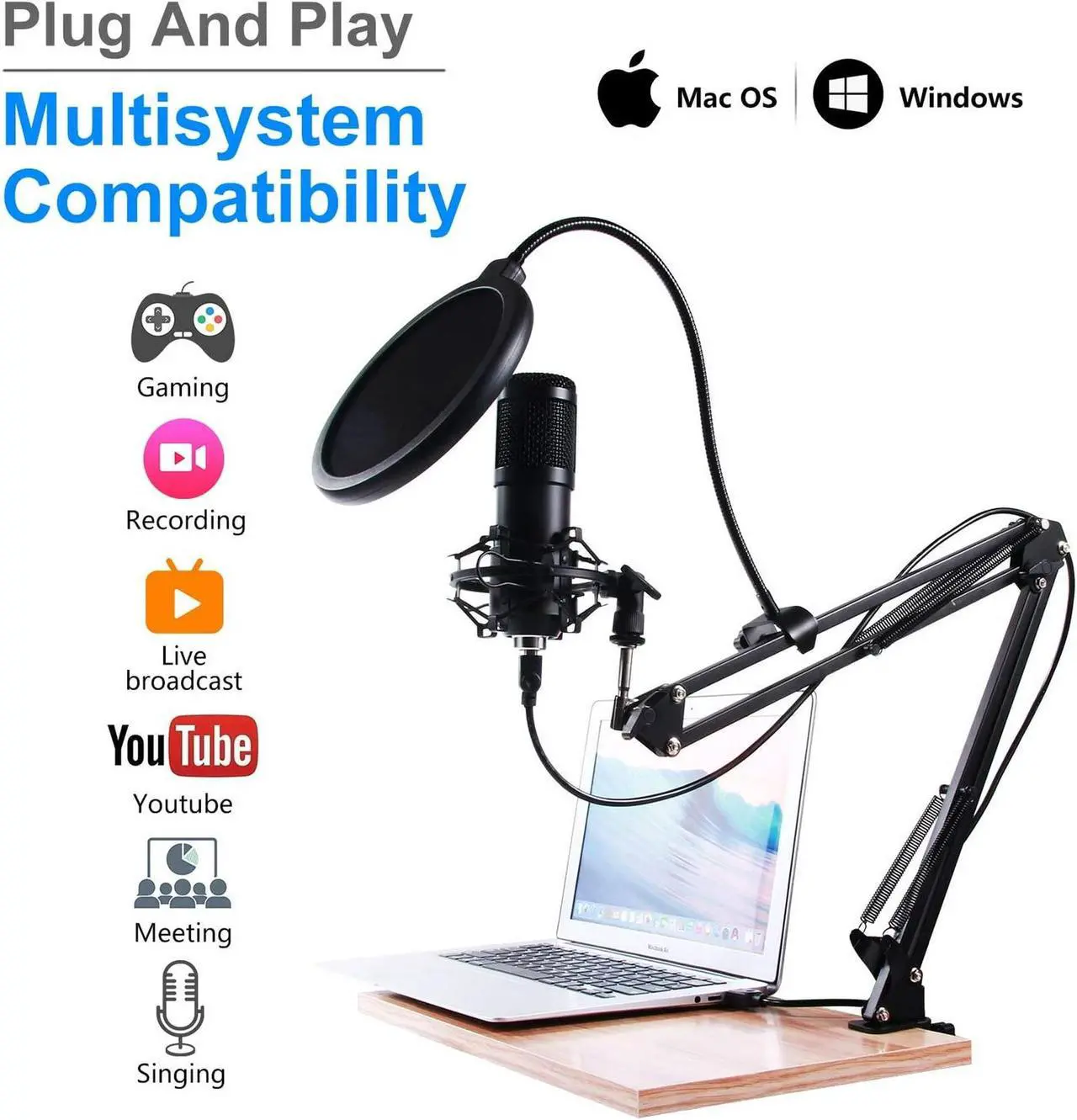 Alt view image 5 of 7 - Streaming Podcast Microphone Kit,Professional 192KHZ/24Bit Studio Cardioid Condenser Computer PC Mic Kit with Scissor Arm Shock Mount Stand Pop Filter for Music Recording